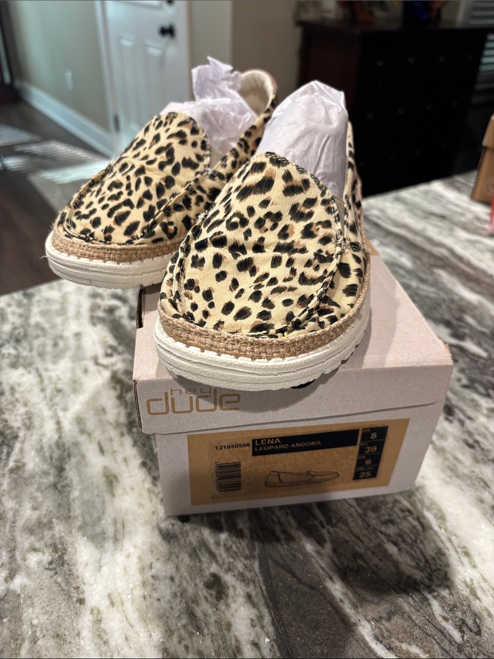 Hey Dude Women's Lena slip-on shoe in the Leopard Angora, Size 8